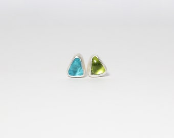 Mismatched Peridot Apatite Stud Earrings Tumbled Gemstone Silver Bezels Bright Neon Spring Colored Blue Green Raw Crystals - Tropic Trines