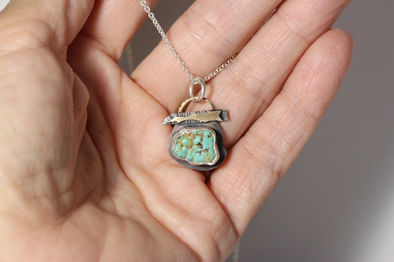 Rustic Raw Cerrillos Turquoise Necklace Silver 14K Yellow Gold Weathered Hiking Signpost Inspired December Birthstone Pendant Wegweiser image 9