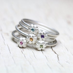 Boho Floral Gemstone Stacking Rings Silver Pink Sapphire Purple Amethyst Yellow Sapphire Blue Zircon Green Peridot Gift Her Sunset Bouquet image 2