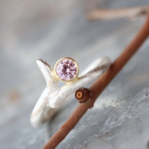 Rustic Modern Pink CZ Branch Engagement Ring Silver 18K Yellow Gold Minimalistic Candy Textured Twig Bridal Zen Romantic Square Branch image 1