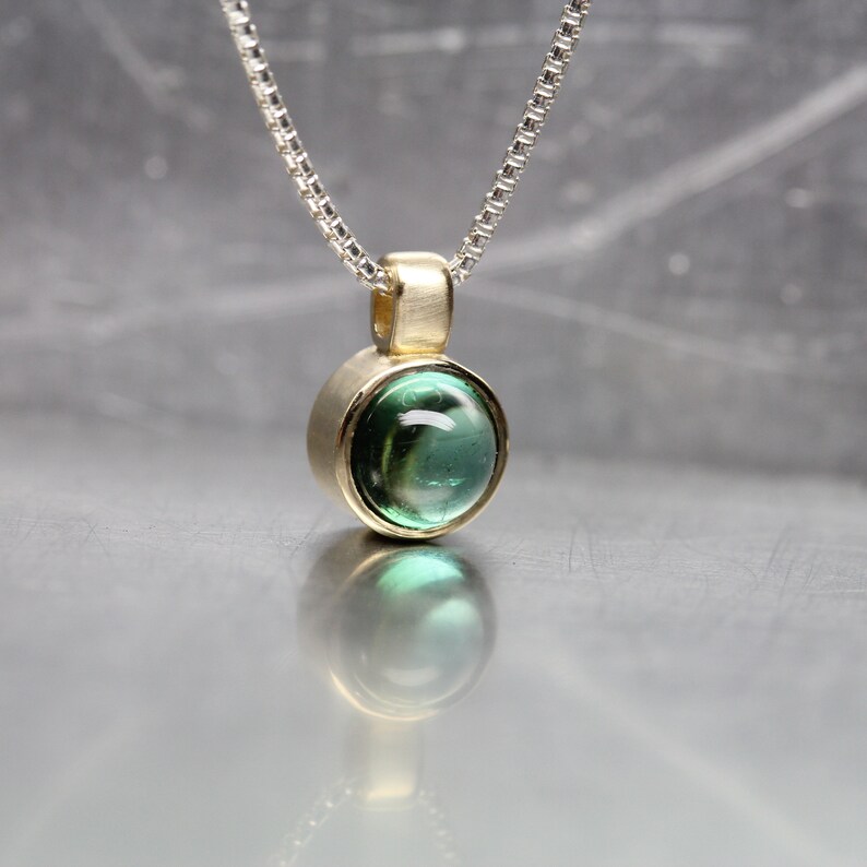 Pond Bubble Small Green Tourmaline 14K Yellow Gold Silver Necklace Round Underwater Cabochon Gemstone Brazil Delicate Bezel Gift Idea Her