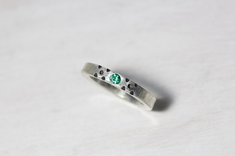 Bright Green Emerald Dot Ring Hammered Sterling Silver Rustic Boho Modern Fresh Vibrant Black May Birthstone Gift Idea Stackable Frog Dots image 6
