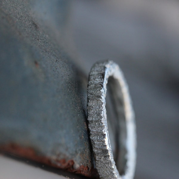 Textured Mens Wedding Band Heavy Hammered Narrow Sterling Silver Ring Unique Modern Rustic Manly Design Industrial Simple - Rough-and-Tumble