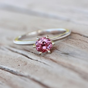 Romantic Pink Spinel Engagement Ring 14k White Gold Milgrain Detail Traditional 6 Prong Bridal Band Sparkly Bright Gemstone Blush Twinkle image 1