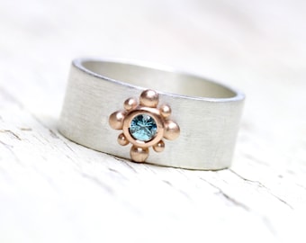 Wide Blue Zircon Wedding Band Ornamental 14K Rose Gold Detail Silver Unisex Modern Boho Floral Ice Rose Unique Pink Bridal Ring - Eisrose