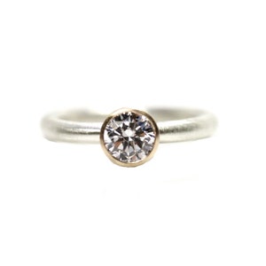 Modern Silver 14K Yellow Gold CZ Engagement Ring Calm Serene Minimalistic Two Tone Mixed Metals Simplistic Hers Bridal Design Zengagement image 1