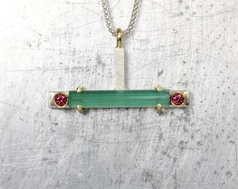 Modern Rough Blue-Green Tourmaline Rod Necklace Rhodolite Garnet Sterling Silver 18K Yellow Gold Luxurious Gift Idea For Her - Candy Bar