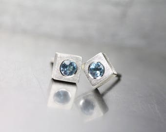 Minimalistic Aquamarine Stud Earrings March Birthstone Sterling Silver Squares Pale Sky Blue Gemstones Gift Idea For Her - Himmelseckchen