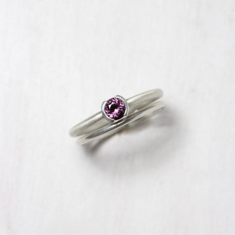 Delicate Wedding Ring Set Purple Spinel Silver Half Bezel Bridal Band Minimalistic Understated Violet Faceted Gemstone For Her Sugarplum image 2
