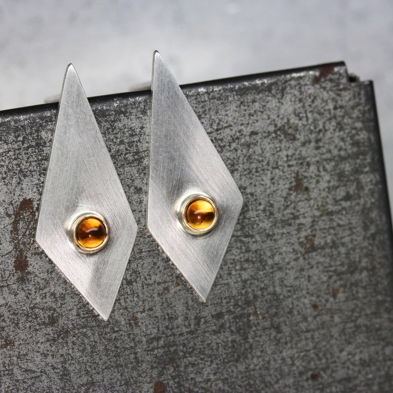 Geometric Citrine Stud Earrings Modern Silver Gold Long Triangle Tiny Golden Orange Gemstone Cabochons November Birthstone Modernist Glow image 1