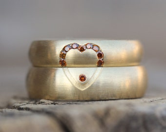 Luxurious Wedding Band Set 18K Yellow Gold Diamond Cognac Rust Heart Modern Warm Romantic Matching Rings Bridal Set Hers and His - Love Glow