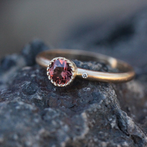 RESERVED FOR G - Burgundy Red Zircon Engagement Ring Tiny Accent Diamonds 14k Yellow Gold Elegant Bridal Vine Band Milgrain - Liebestropfen