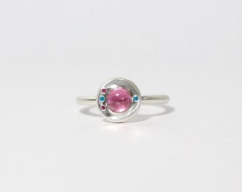 Pink California Tourmaline Donut Bezel Ring Faceted Paraiba Blue Topaz Ruby Halo Ring Colorful Silver Cabochon Setting October - Sprinkles