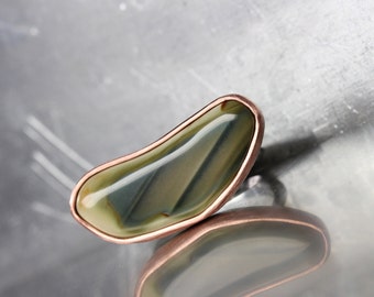 Striped Green Agate Silver Copper Ring Unique Color Pattern Natural Large Gemstone Freeform Cabochon Statement Ring Boho - Streifenbohne