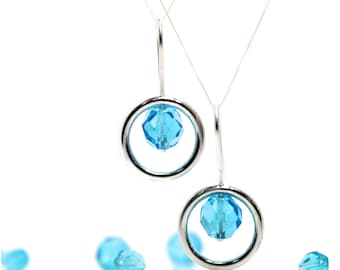 Round Silver Dangle Earrings Neon Blue Vintage Glass Beads Aqua Pool Water Drops Summer Accessory Modern Minimalistic Gift Idea - Dive Rings