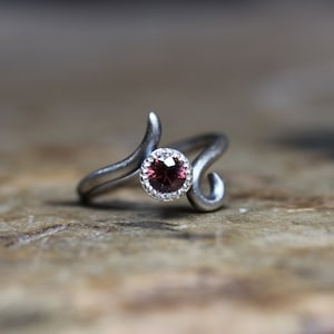 Romantic Wine Red Zircon Engagement Ring Dark Silver Antique Finish Simple Bridal Milgrain Scroll Band Maroon Gemstone Boho Burgundy Drop image 2