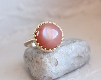 Peach Moonstone Crown Engagement Ring Romantic 14K Yellow Gold Bridal Setting Dusky Antique Rose Pink Round Cabochon Band - Peach Princess