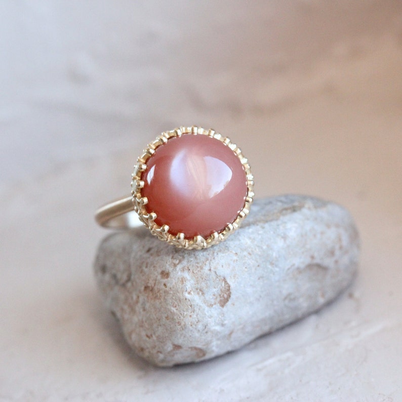 Peach Moonstone Crown Engagement Ring Romantic 14K Yellow Gold Bridal Setting Dusky Antique Rose Pink Round Cabochon Band Peach Princess image 1