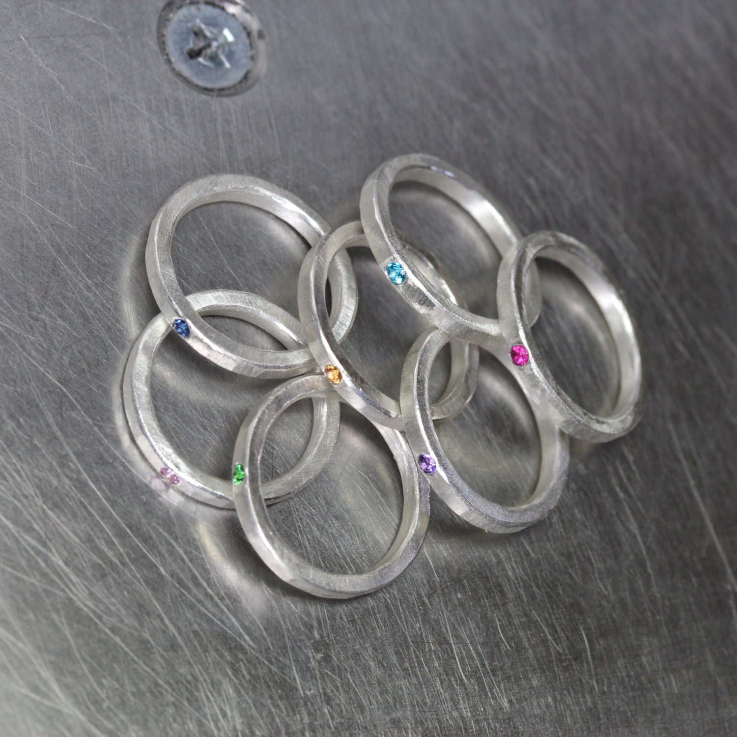 Multicolored Gemstone Stacking Rings Hammered Textured Silver | Etsy