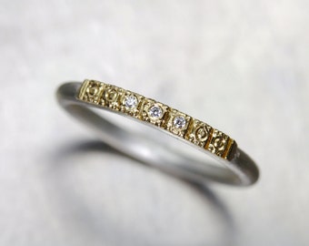 Delicate Women's Wedding Band 14K Yellow Gold Beaded Detail Tiny Diamonds Silver Vintage Inspired Boho Bridal Ring 3-7 Sparkle - Golden Path