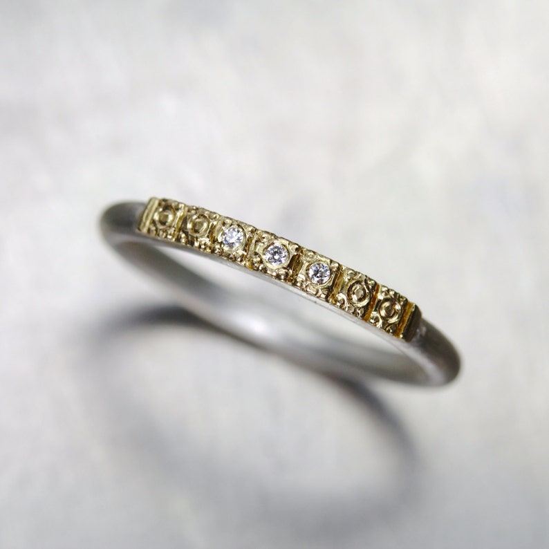 Delicate Women's Wedding Band 14K Yellow Gold Beaded Detail Tiny Diamonds Silver Vintage Inspired Boho Bridal Ring 3-7 Sparkle Golden Path image 1