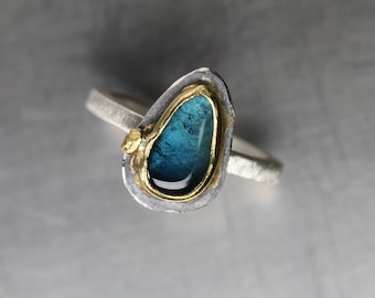 Blue Tourmaline Slice Silver 22K Yellow Gold Statement Ring Tumbled Teal Gemstone Namibia Unique Boho Drop Setting Her - Indicolite Island