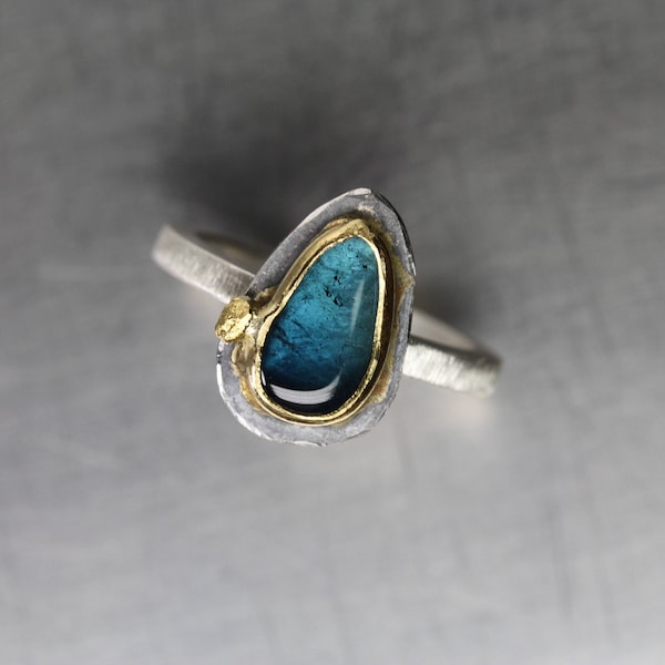 Blue Tourmaline Slice Silver 22K Yellow Gold Statement Ring Tumbled Teal Gemstone Namibia Unique Boho Drop Setting Her - Indicolite Island