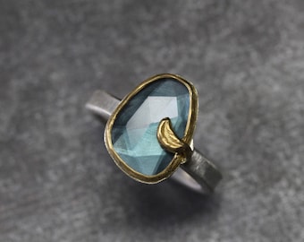 Rose-Cut Indicolite Blue Tourmaline Slice Crescent Moon Ring Silver 22k Yellow Gold Teal Gemstone Gift Idea October Birthstone - Petrolmond