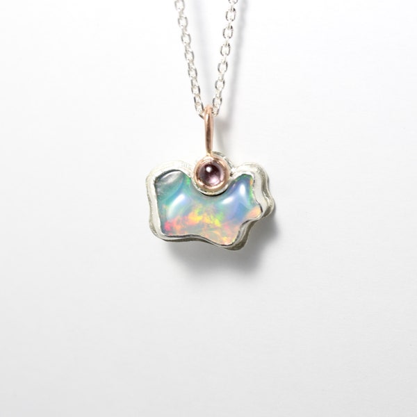 Ethiopian Opal Sapphire Cloud Necklace Dreamy Freeform Tumbled Gemstone Blue Green Orange Red Pink Silver 14K Rose Gold - Cumulus Unicornis