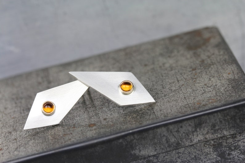 Geometric Citrine Stud Earrings Modern Silver Gold Long Triangle Tiny Golden Orange Gemstone Cabochons November Birthstone Modernist Glow image 3