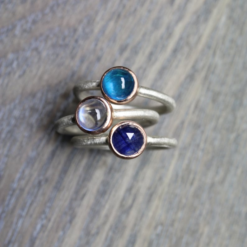 Blue Moon Stacking Rings 14K Rose Gold Silver Sapphire or Moonstone or Apatite Boho Romantic Glowing Pink Rose-Cut Gem Cabochon Mondblau image 3