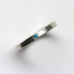 Delicate Silver Paraiba Colored Topaz Wedding Ring Hammered Texture Blue Narrow Subtle Modern Rustic Bridal Band Small Gem Electric Dab image 3
