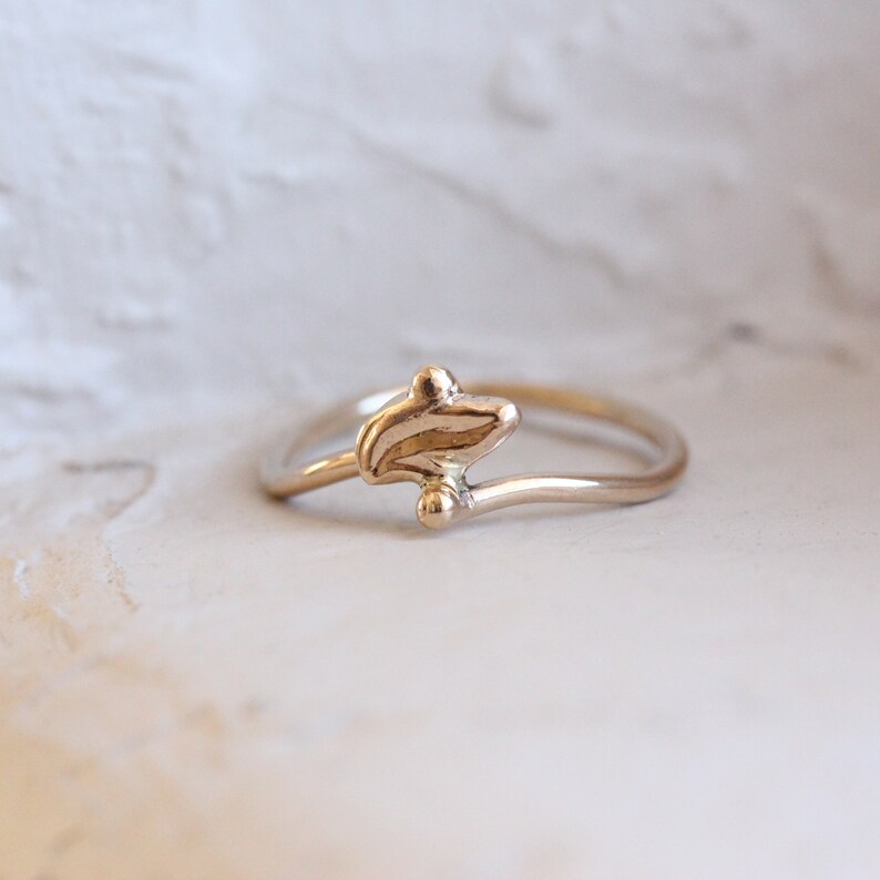 Art Deco Inspired Leaf Ring Delicate 14K Yellow Gold Small Abstract Leaflet Shape Handmade Design Autumn Gift Idea Promise Gilded Foliole image 5