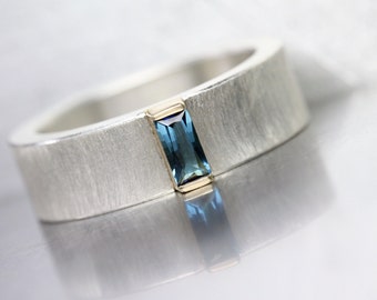 Small Blue Tourmaline Wedding Band Baguette Cut Gemstone Wide Silver 14K Yellow Gold Ring Solid Minimalistic Subtle Design - Indicolite Bar