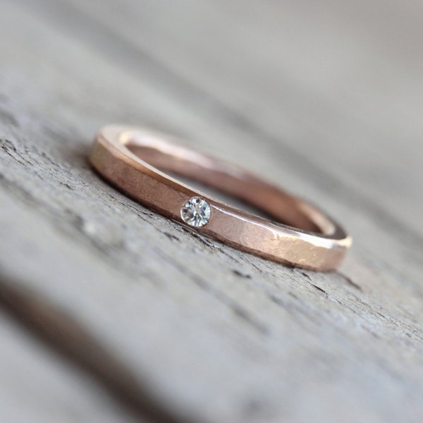 Rose Gold Moissanite or Diamond Wedding Band Solid 14k Subtle Hammered Texture Rustic Minimalistic Narrow Bridal Ring Hers - Brilliant Dab