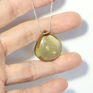 Large Olive Quartz Drop Necklace Simple Teardrop Bead on Long Silver Chain Pendant Layered Look Olive Oil Colored Gemstone Huile d'Olive image 7