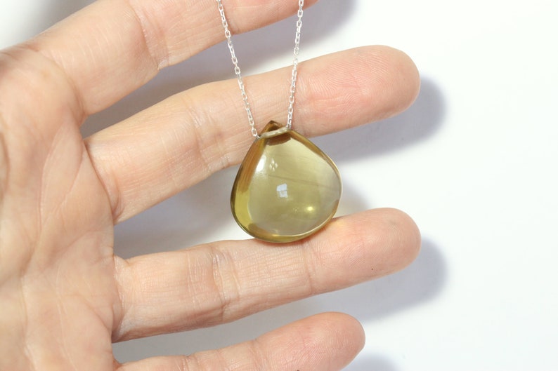 Large Olive Quartz Drop Necklace Simple Teardrop Bead on Long Silver Chain Pendant Layered Look Olive Oil Colored Gemstone Huile d'Olive image 7