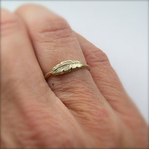 Delicate Organic Feather Ring 14K Yellow Gold Woodland Boho Bird Wing Warm Golden Glow Nature Light Flight Stackable Band Feather's Gold image 5