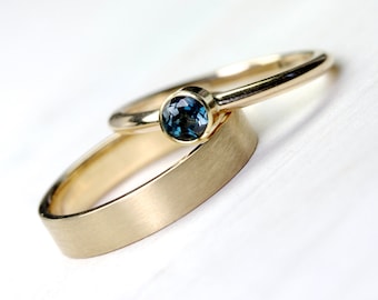 Indicolite Tourmaline 14K 18K Yellow Gold Engagement Ring or Wedding Set Modern Blue Yellow Elegant Simple Minimalistic Bridal - Adelblau