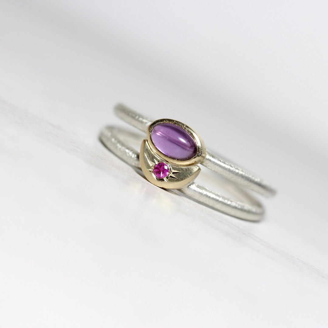 handmade ruby stone stacking ring delicate... Delicate Amethyst and Ruby Wedding Ring Set 14K Yellow Gold Crescent ...