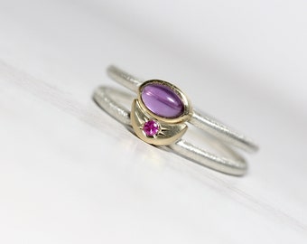 Delicate Amethyst and Ruby Wedding Ring Set 14K Yellow Gold Crescent Moon Silver Stacking Alternative Bridal Bands July August - Purpurmond