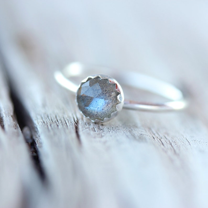 Delicate Rose Cut Labradorite Silver Ring Cute Blue Gray Simple Scalloped Bezel Boho Multicolor Iridescent Gemstone Gift For Her Sky Berry image 4