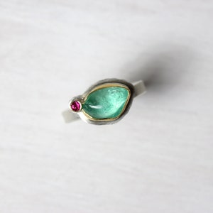 Tumbled Muzo Emerald Ruby Engagement Ring 22k 14K Yellow Gold Silver Alternative Rough Pale Green Pink Gemstone Bridal Band - Colombian Peak