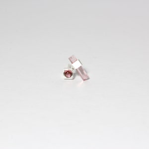 Mismatched Pale Pink Tourmaline and Garnet Stud Earrings Silver Rectangular Rough Crystal Round Cabochon October and January Birthstone - Io