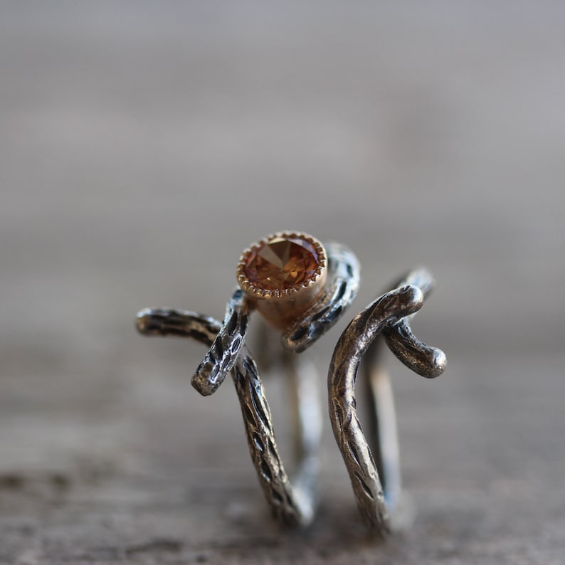 Branch Engagement Wedding Ring Set Silver 14K Yellow Gold CZ Etsy