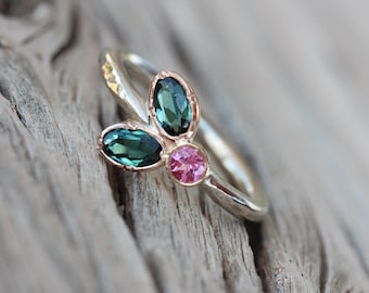 Floral Teal Pink Tourmaline Engagement Ring 14K Tri Gold Rose Yellow White Woodland Boho Bridal Romantic Flower Leaf Bloom - Triple Blossom