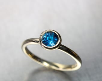 Minimalistic London Blue Topaz Engagement Ring 14K Yellow Gold Modern Simple Bridal Setting Deep Intense Color Wedding Band - Cerulean Cup