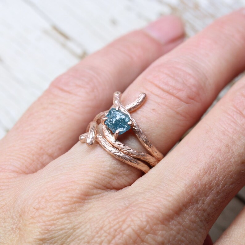 Rough Blue Diamond Branch Engagement Ring 14k Rose Gold Pink Etsy