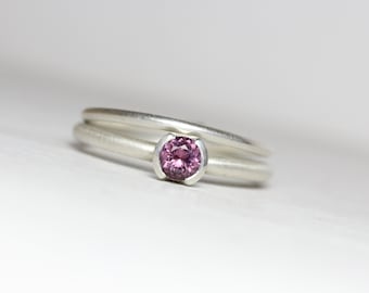 Delicate Wedding Ring Set Purple Spinel Silver Half Bezel Bridal Band Minimalistic Understated Violet Faceted Gemstone For Her - Sugarplum