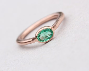 Modern 14K Rose Gold Emerald Engagement Ring Simple Green Brazilian Gemstone Oval Drop Shank Minimalistic Low Profile Setting - Beryl Sea